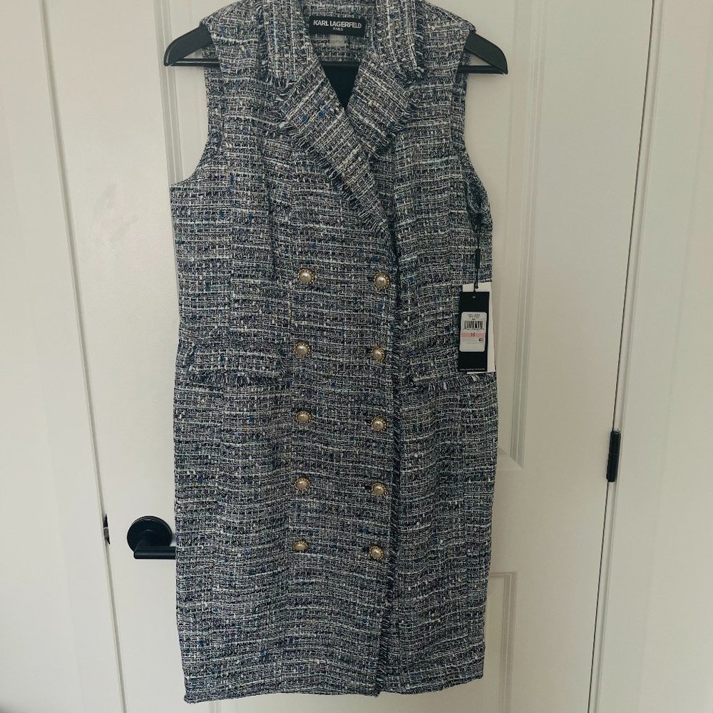 Karl Lagerfeld Navy and White Tweed Midi Dress